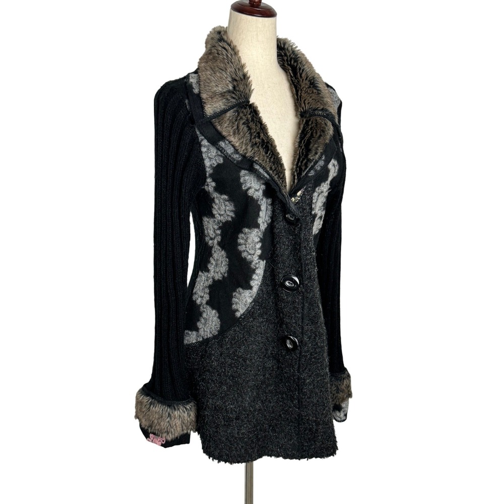 Sioni Womens Mixed Media Cardigan Faux Fur Collar Boucle Floral Knit Black Grey